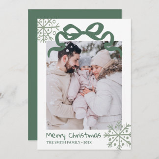 Christmas Green Bow snowflakes Photo card 