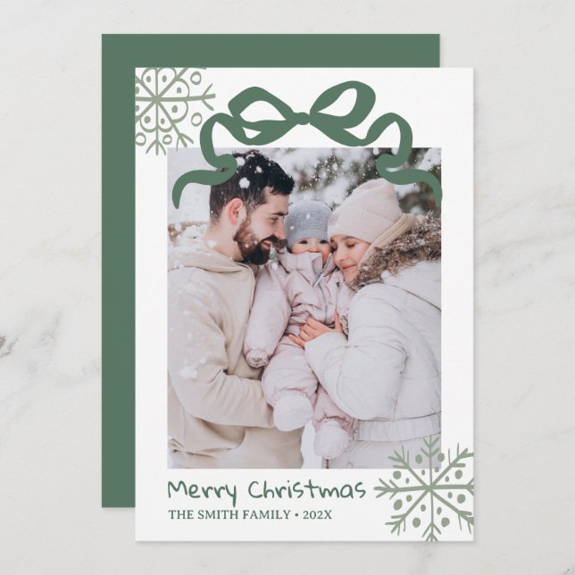 Christmas Green Bow snowflakes Photo card  (Front/Back)