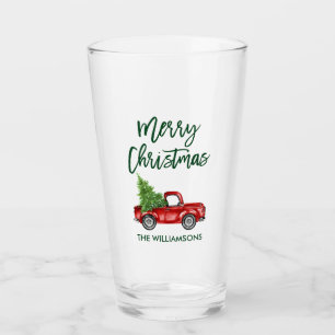 Christmas Green Brush Script Vintage Truck Glass