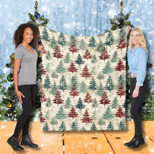 Christmas Green Burgundy Watercolor Forest Trees Fleece Blanket