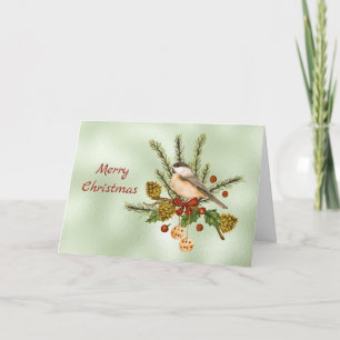 Christmas Green Chickadee Greenery Watercolor Holiday Card