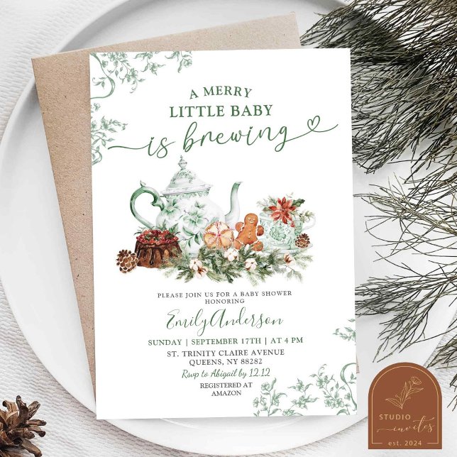 Christmas Green Chinoiserie Brew Tea Baby Shower Invitation (Creator Uploaded)