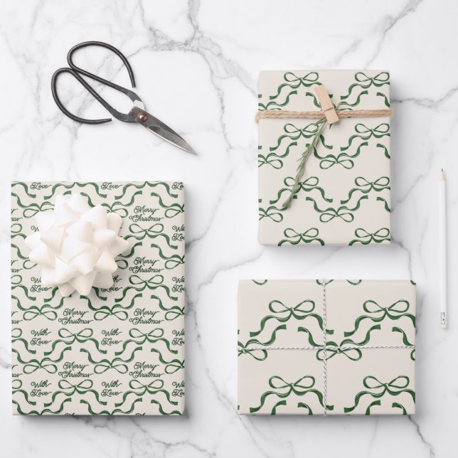 Christmas Green & Cream Modern Holiday Tiny Bows  Wrapping Paper Sheet (Front)