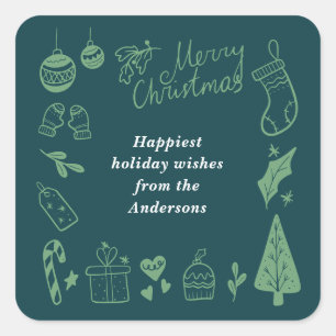 Christmas Green Cute Festive Hand Drawn Doodles Square Sticker