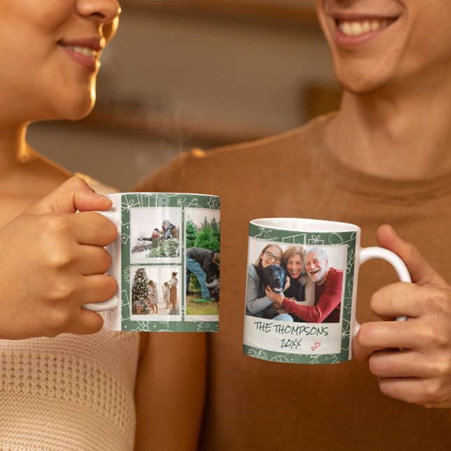 Christmas Green Doodles Multi Photo Family Gift Coffee Mug (Creator Uploaded)