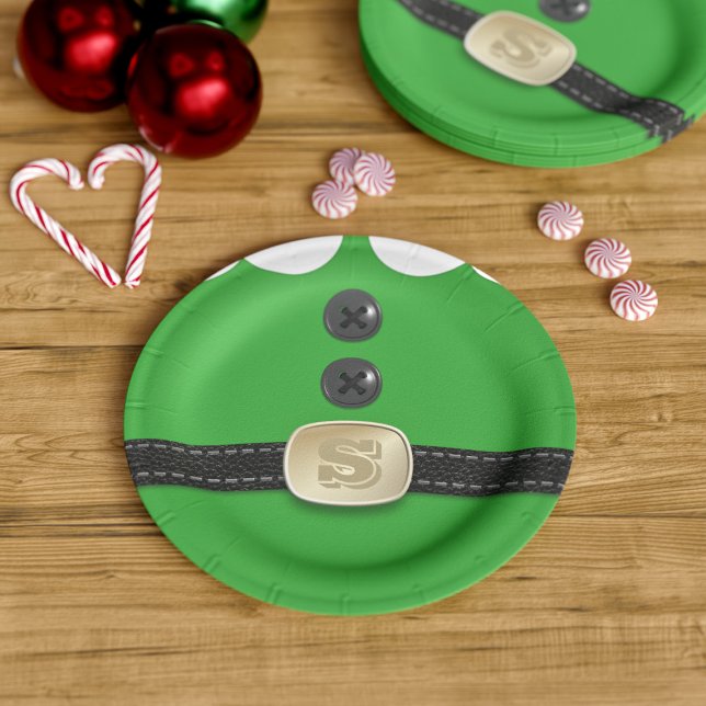Christmas Green Elf Suit Monogram Paper Plates (Fun and festive paper plates inspired by a Christmas Elf. Just add your initial to his belt)