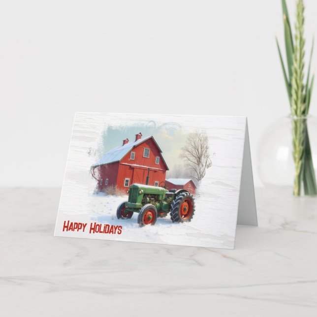 Christmas Green Farm Tractor and Red Barn Card (Front)