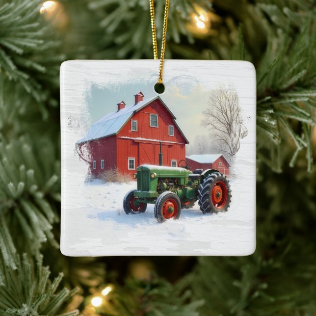 Christmas Green Farm Tractor and Red Barn Ceramic Ornament (Tree)