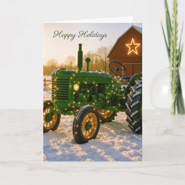 Christmas Green Farm Tractor In Snow Card (Front)