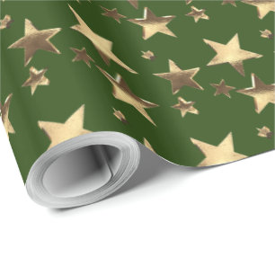 Christmas Green Faux Gold Stars Pattern Wrapping Paper