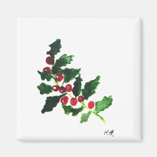 Christmas green Festive watercolor vintage Holly Magnet