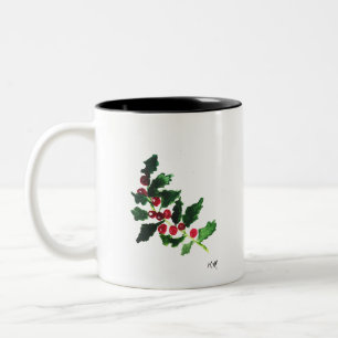 Christmas green Festive watercolor vintage Holly Two-Tone Coffee Mug