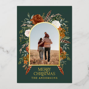 Christmas green floral arch photo elegant rustic foil holiday card