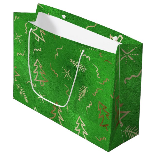 Christmas Green Foil Gold Doodles Holiday Gift Bag (Front Angled)