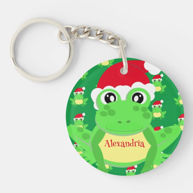 Christmas Green Frog Santa Hat Pattern Novelty  Key Ring (Front)