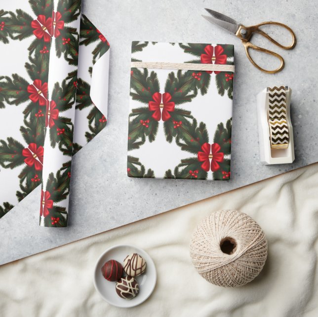 Christmas Green Garland Red Rows Gold Accent  Wrapping Paper (Crafts)