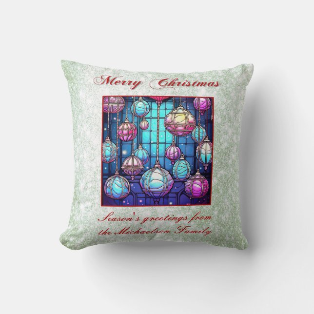 Christmas Green Glitter Stained Glass Bauble Cushion (Front)