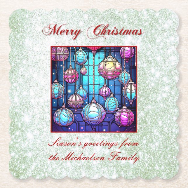 Christmas Green Glitter Stained Glass Bauble Paper Coaster (Front)
