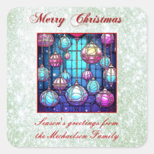 Christmas Green Glitter Stained Glass Bauble Square Sticker