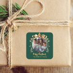 Christmas green gold bauble family photo square sticker<br><div class="desc">A green background. Personalise and add your own photo.  A golden Christmas tree bauble as frame. Add your family name.</div>