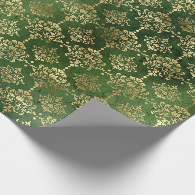 Christmas Green/Gold Damask Pattern Wrapping Paper (Corner)