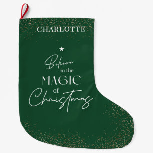 Christmas Green & Gold Glitter Modern Script Name Large Christmas Stocking