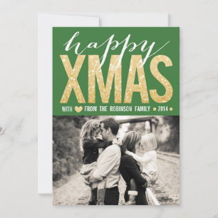 Christmas Green Gold Glitter Photo Flat Card