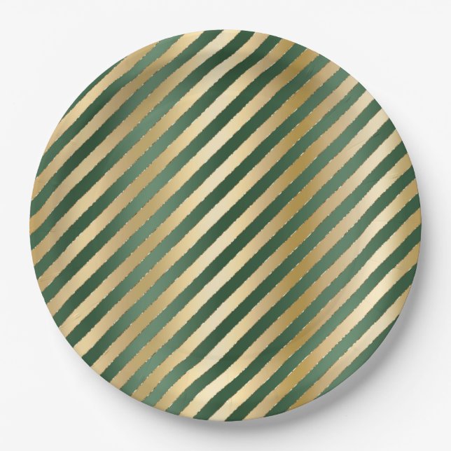 Christmas Green Gold Stripe Watercolor Paper Plate (Front)