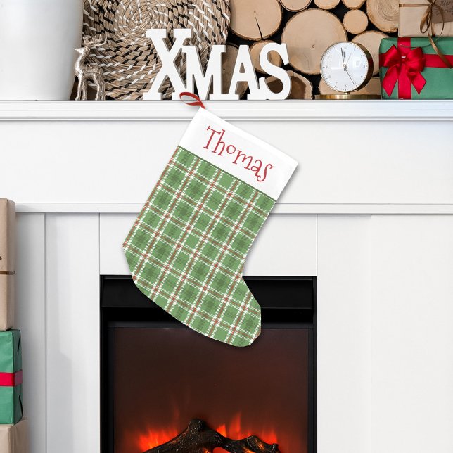 Christmas Green Holiday Rustic Farmhouse Plaid Large Christmas Stocking (Christmas green and red plaid pattern stocking.)