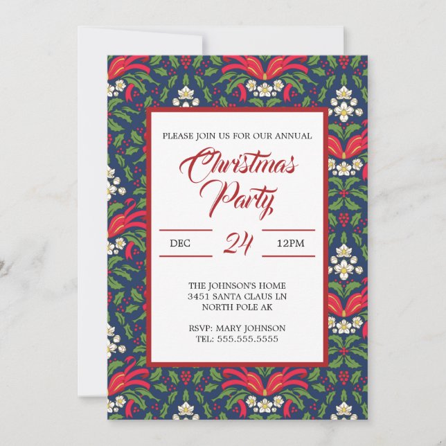 Christmas, Green Holly Leaves, Berries, Red bow  Invitation (Front)