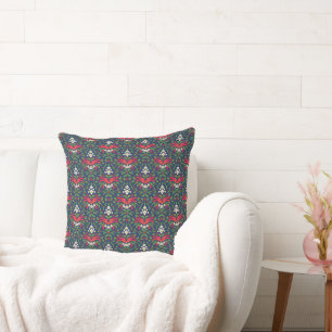 Christmas, Green Holly Leaves, Red Berries, Bow Cushion