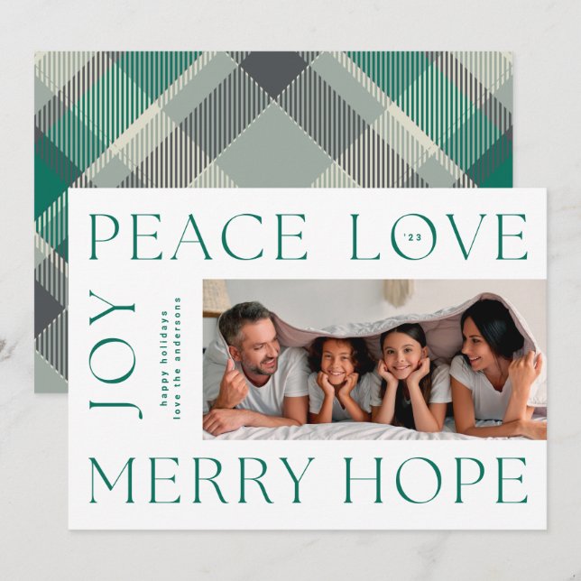 Christmas Green Letters MERRY JOY PEACE LOVE photo Holiday Card (Front/Back)