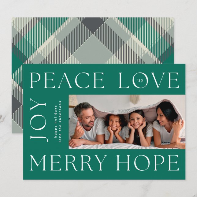 Christmas Green Letters MERRY JOY PEACE LOVE photo Holiday Card (Front/Back)