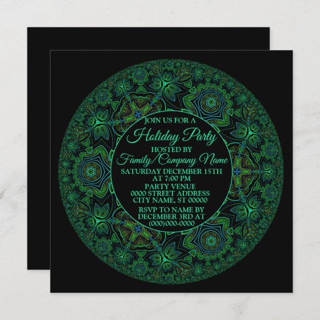 Christmas Green Mandala Holidays Party Black Invitation (Front/Back)