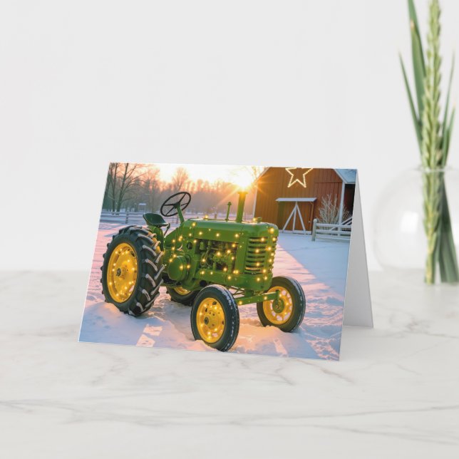 Christmas Green Old Farm Tractor Holiday Card (Front)
