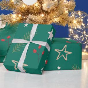 Christmas Green Paper With Stars and Berries
