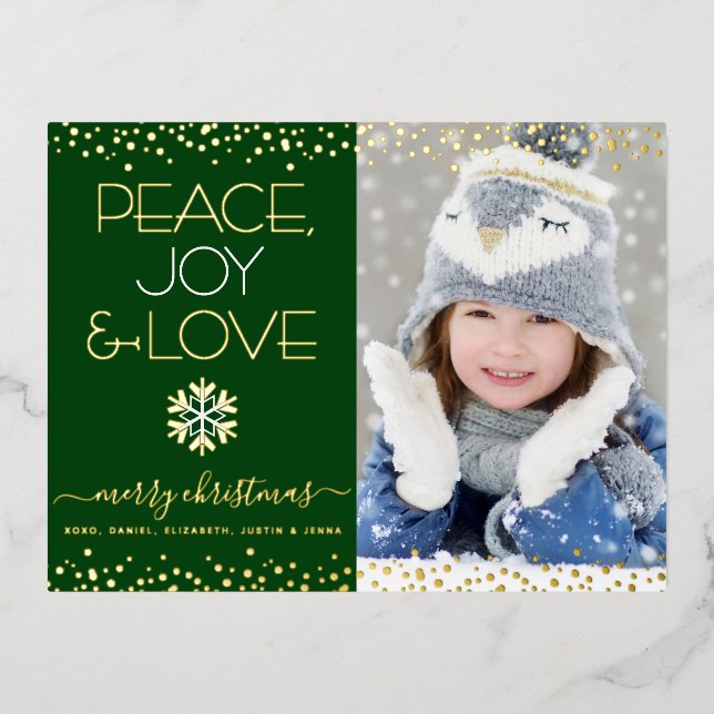 Christmas Green Peace Joy Love Photo Real Gold Foil Holiday Postcard (Front)