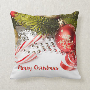Christmas Green Pine Branch And Red Lanterns Cushion