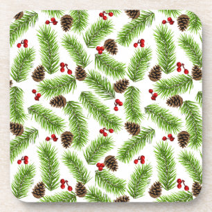 Christmas Green Pine Leaves, Cones & Red Berries Coaster