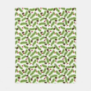 Christmas Green Pine Leaves, Cones & Red Berries Fleece Blanket