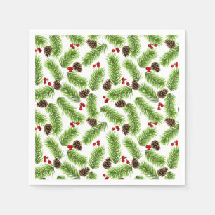 Christmas Green Pine Leaves, Cones & Red Berries Napkin