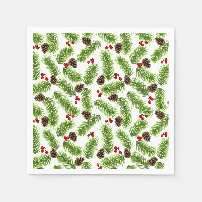Christmas Green Pine Leaves, Cones & Red Berries Napkin (Front)