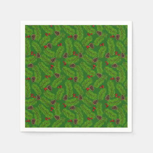 Christmas Green Pine Leaves, Cones & Red Berries Napkin