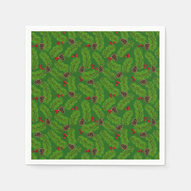 Christmas Green Pine Leaves, Cones & Red Berries Napkin (Front)