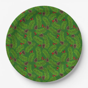 Christmas Green Pine Leaves, Cones & Red Berries Paper Plate