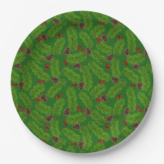 Christmas Green Pine Leaves, Cones & Red Berries Paper Plate (Front)
