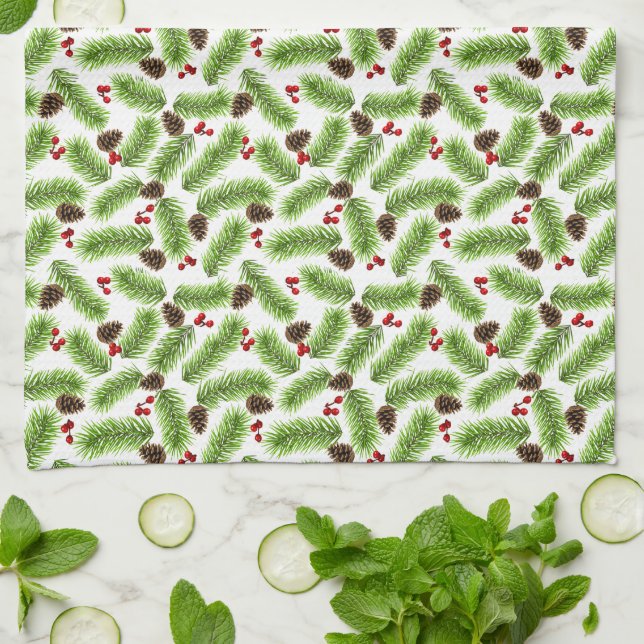 Christmas Green Pine Leaves, Cones & Red Berries Tea Towel (Folded)