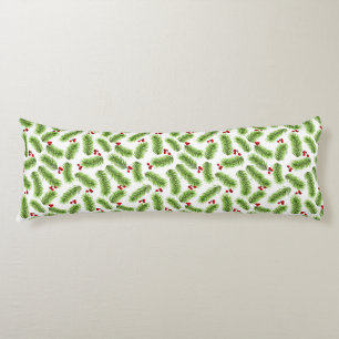 Christmas Green Pine Leaves & Red Berries on White Body Cushion