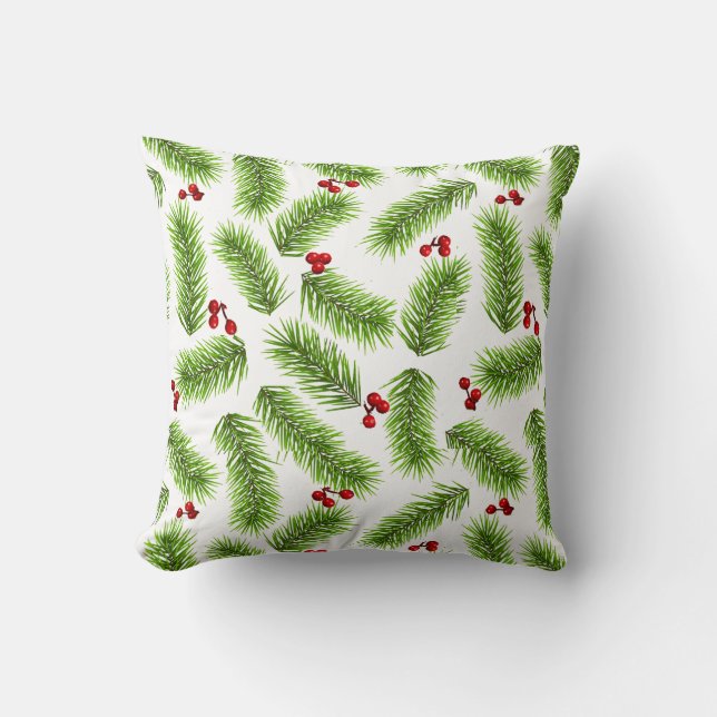 Christmas Green Pine Leaves & Red Berries on White Cushion (Front)