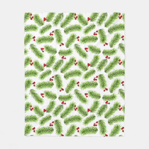 Christmas Green Pine Leaves & Red Berries on White Fleece Blanket